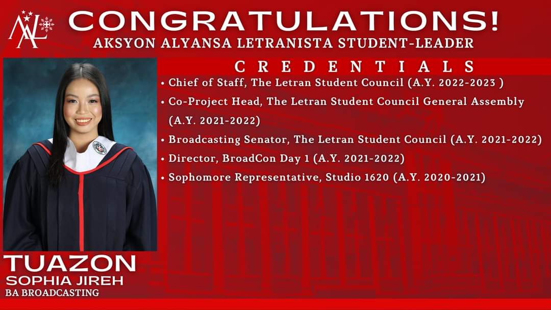 AALyansa2005's tweet photo. Always stay true to your values and principles, continue to learn and grow, and never stop striving to make a difference.

Once again, congratulations on your graduation, and thank you for your service as student leaders.

From your Aksyon Alyansa Letranista family. ❤️ https://t.co/0EPmeV0jlg