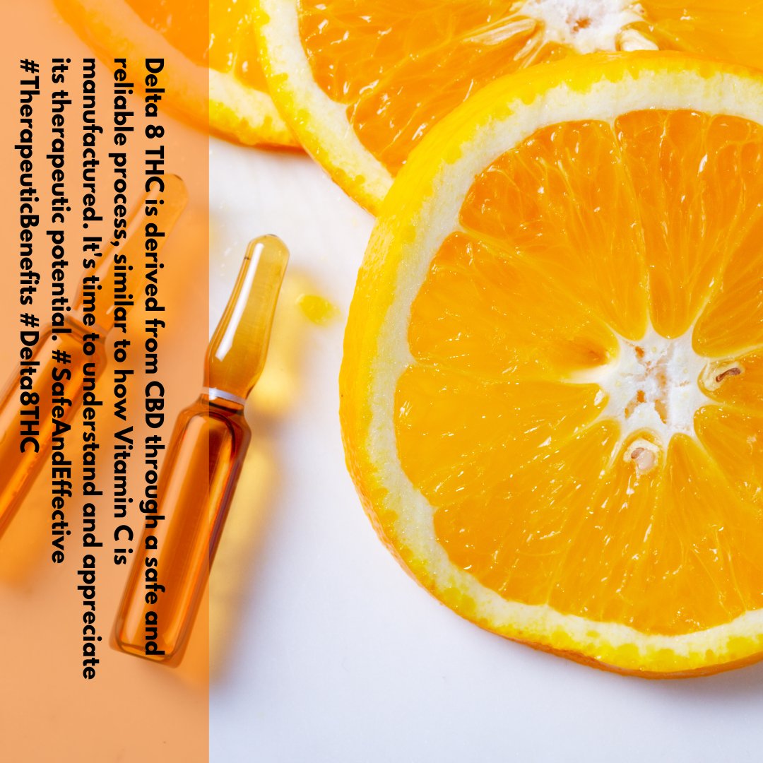 Delta 8 THC is derived from CBD through a safe and reliable process, similar to how Vitamin C is manufactured. It's time to understand and appreciate its therapeutic potential. #SafeAndEffective #TherapeuticBenefits #Delta8THC
