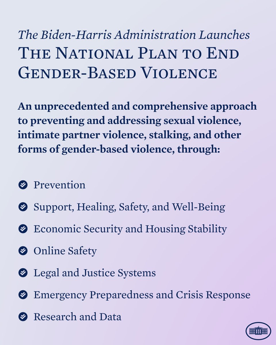 The Biden-Harris Administration is proud to announce the launch of the first-ever U.S. National Plan to End Gender-Based Violence, a critical roadmap to guide the Federal government’s future efforts to address and prevent GBV. 1/2 whitehouse.gov/wp-content/upl…