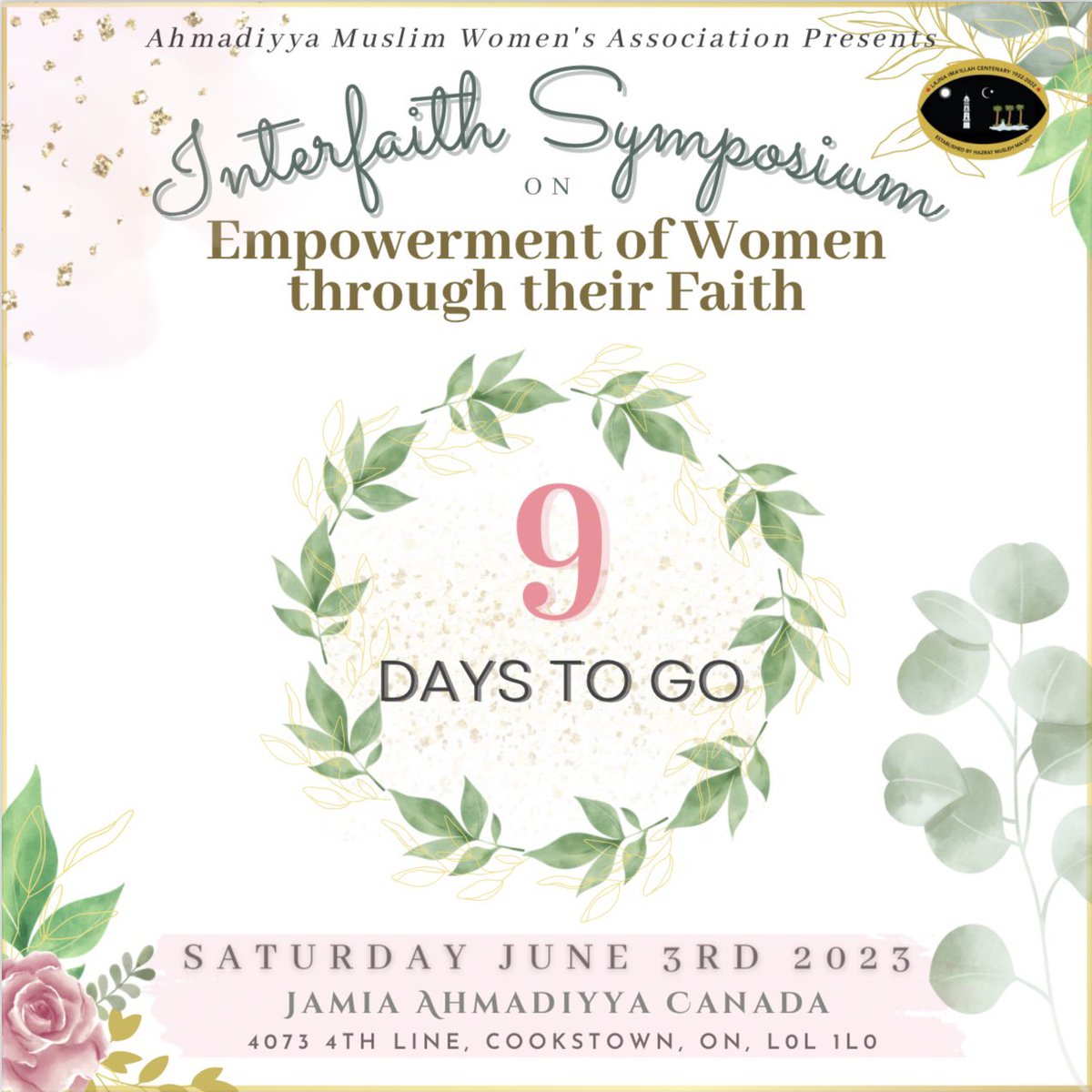 Join us to celebrate the 100 years of the Ahmadiyya Muslim Women’s Association on June 3rd, discussing the Empowerment of Woman through various Faiths, including Christianity, Islam, Indigenous, and Judaism! 
Make sure to register now bit.ly/3ANjQq7 
#InterfaithSymposium