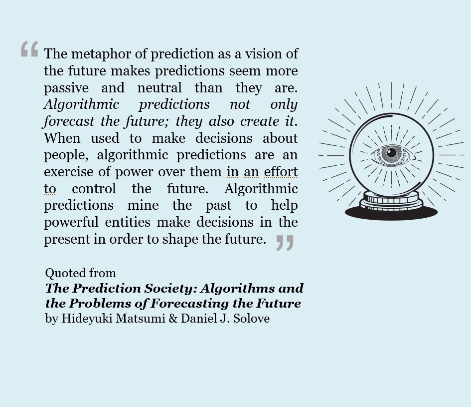 Daniel J. Solove (@DanielSolove) on Twitter photo 2023-05-25 19:42:16 “Algorithmic predictions not only forecast the future; they also create it.” ssrn.com/abstract=44538… From my new article 'The Prediction Society' about AI/algorithmic predictions with @HideyukiMATSUMI “Algorithmic predictions not only forecast the future; they also create it.” ssrn.com/abstract=44538… From my new article 'The Prediction Society' about AI/algorithmic predictions with @HideyukiMATSUMI
