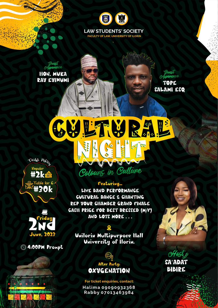 UNILAWRIN_'s tweet photo. Stand a chance to win awesome cash prizes at our law Cultural Night. Best dressed goes home with lots more. 

June 2nd.
Get your tickets early enough 
#unilawrin
#RepyourChamber
#dek66
#colorsinculture 
It is about to be lit 🔥🔥🔥🔥🔥 https://t.co/41962Vdfmn