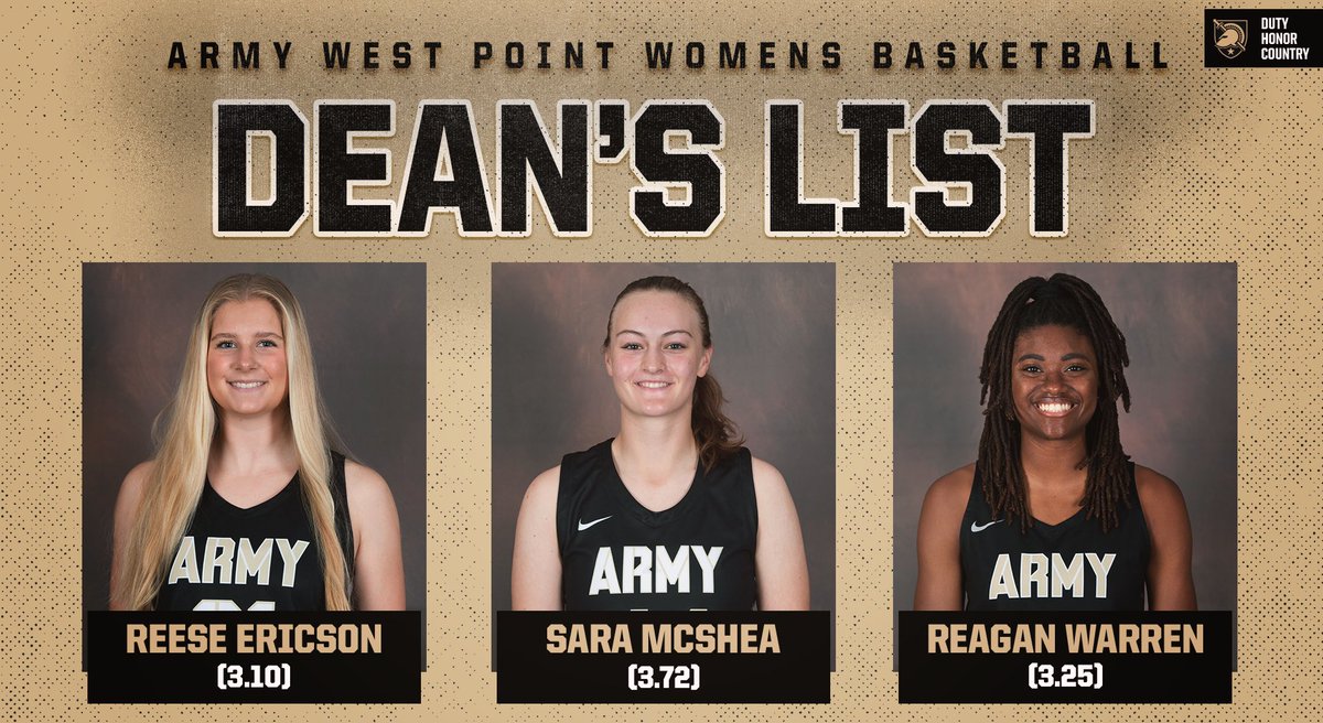 ArmyWP_WBB's tweet photo. Congratulations to Reese Ericson, Sara McShea and Reagan Warren for making Dean’s List‼️📚🤝

#GoArmy | #NoExcuses https://t.co/cmaj06ctDj