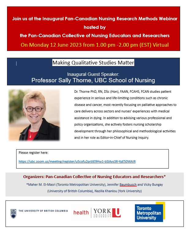 On behalf of newly formed Pan-Canadian Collective of Nursing Educators &amp; Researchers, our inaugural guest speaker is Prof Sally Thorne <a href="/salthorne/">Sally Thorne</a> , internationally renowned &amp; esteemed #Nursing  scholar.

See flyer for RSVP.