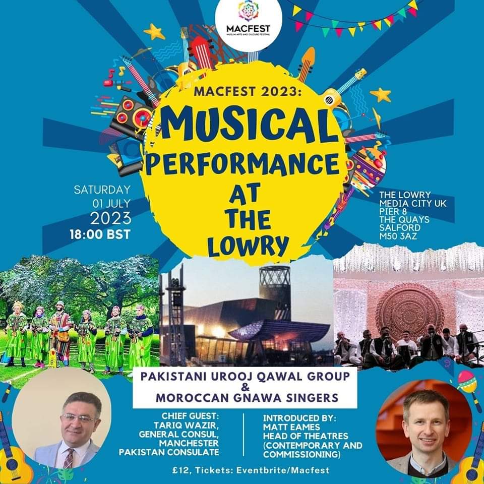 #macfest2023🎉🎉🎉✨✨- join us for a marvelous Eid #musical evening at @The_Lowry -book your tickets here: 
eventbrite.co.uk/e/musical-perf…
They are the #Pakistani Urooj Qawal & #Moroccan #Gnawa singers @PakinManchester #music #performance  #manchester #events @QaisraShahraz