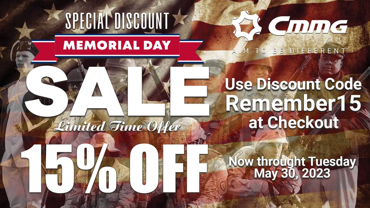 Happy Memorial Day! Save 15% at cmmg.com now until Tuesday, May 30th, 2030 with the code Remember15 at checkout.  

#Memoriamdaysale #cmmg #9mm #pewpew #ar15 #tactical #pewpewlife #rifle #2ndamendment #weapons #dissent #firearm #military #freedom #secondamendment