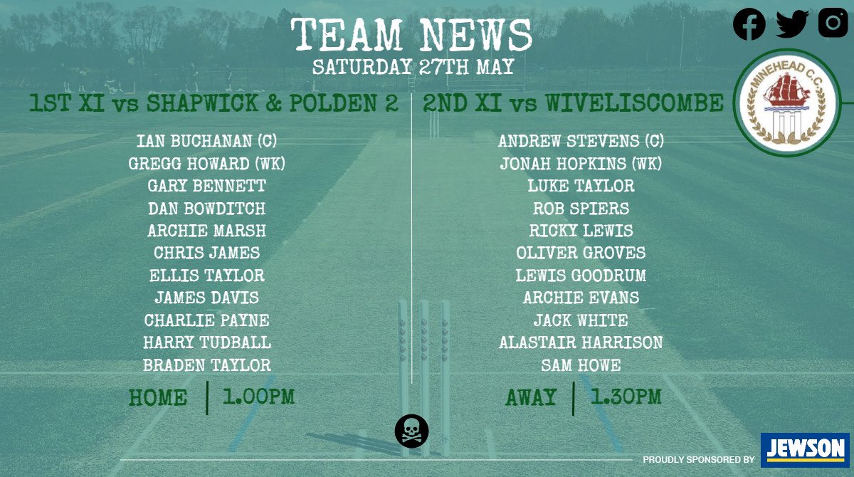 🏴‍☠️🏏 Line-Ups 🏏🏴‍☠️

📆 Saturday 27th May

1st XI Home 🆚 Shapwick and Polden 2

2nd XI Away 🆚 Wiveliscombe

🍺 Bar open all afternoon ☀️

#UTP🏴‍☠️