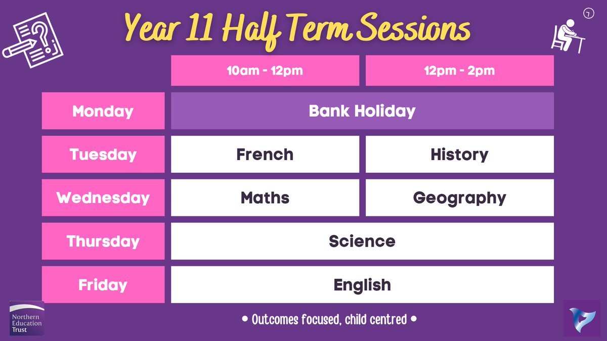 💜 We're delighted to be able to offer a range of half term sessions to our year 11 students to help to support with their revision. GCSE exams continue from Monday 5th June. Bus transport is available. 💜

#outcomesfocused #GCSEexams #wearefreebrough