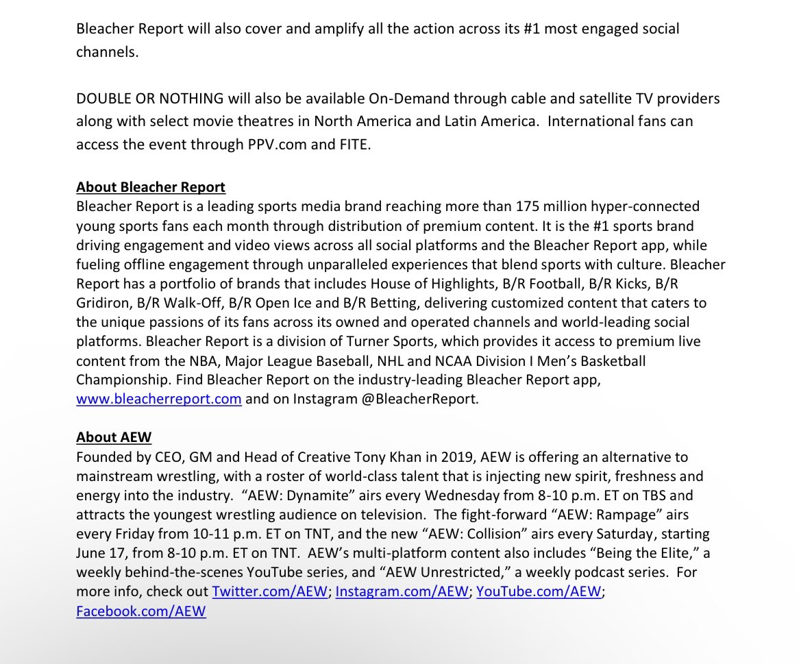 AEW DOUBLE OR NOTHING Pay-Per-View Event to Stream on Bleacher Report,  Sunday, May 29 at 8 p.m. ET