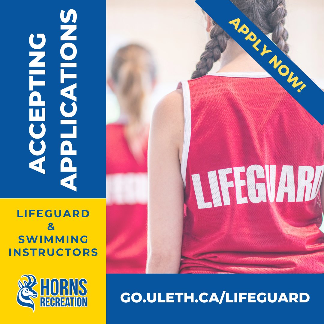 We are currently accepting applications for Lifeguards and Swimming Instructors to join our team.

These are casual positions with flexible schedules.
For more information and to apply, visit: go.uleth.ca/lifeguard

#hornsrec #lifeguards #swiminstructors #ulethbridge #yql