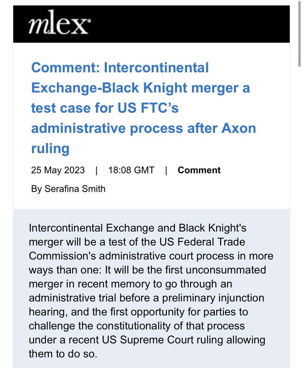 serafinamsmith's tweet photo. The @FTC challenge to the ICE, Black Knight merger will be the first administrative trial to precede a federal PI in decades, and the first test of SCOTUS’ recent Axon decision. Definitely one to watch! #antitrust https://t.co/6n2vaLVNDE