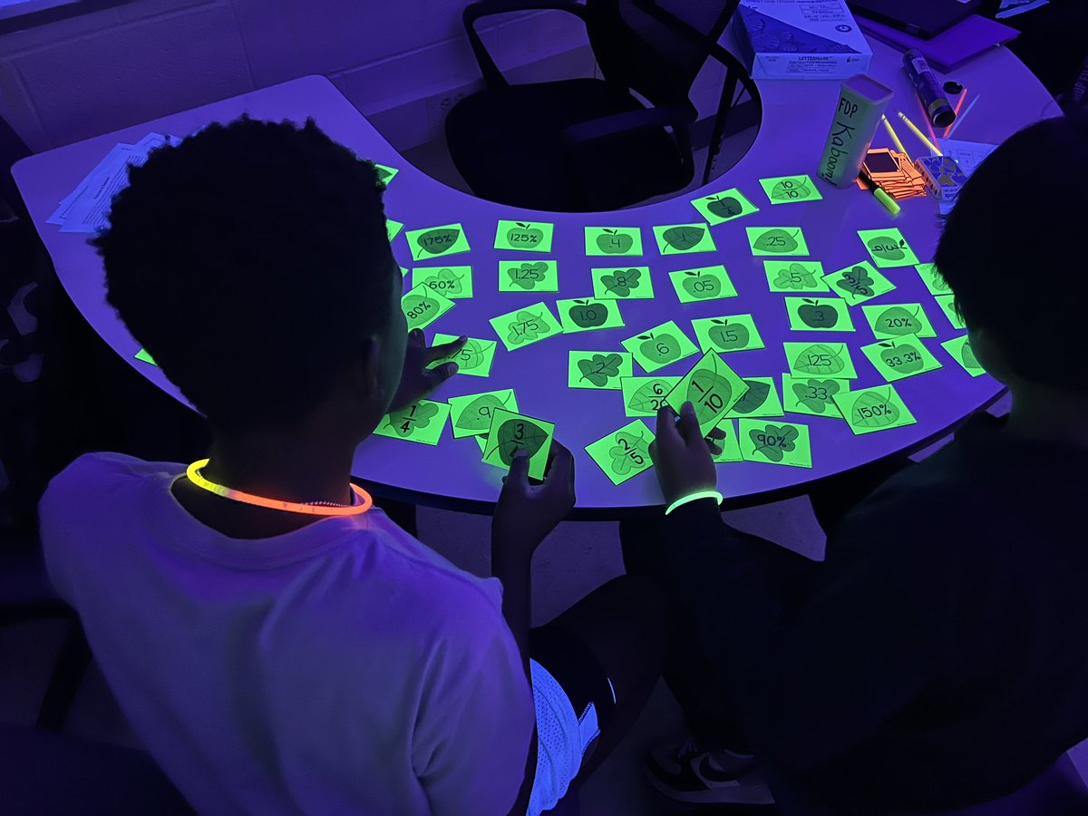 MrsDiamondLCPS's tweet photo. Glow Day stations to practice fraction, decimal, and percentage conversions @JML_MS_Official #glowday https://t.co/YHHa6BmNkM