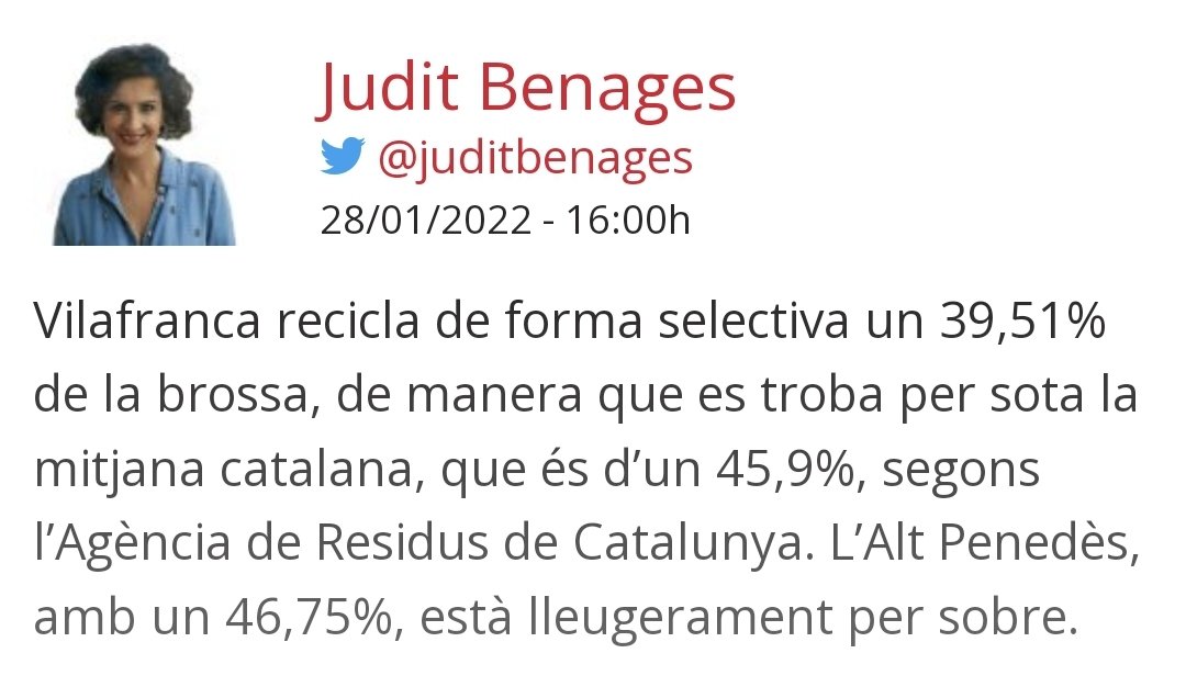 @AureliRuizMila menteix amb les dades de reciclatge, #Vilafranca esta per sota de la comarca. I per sota del 40% 
#ladada
#municipalsRTVVilafranca