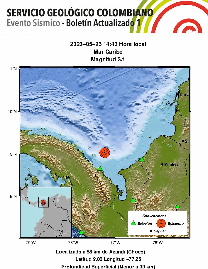 sgcol's tweet photo. #SismosColombiaSGC Evento Sísmico - Boletín Actualizado 1, 2023-05-25, 14:46 hora local Magnitud 3.1, Profundidad Superficial (Menor a 30 km), Mar Caribe ¿Sintió este sismo? repórtelo https://t.co/ehDqPbETsf https://t.co/63pt8nVsSe #NoticiaEnDesarrollo #Temblor https://t.co/Rz32a5JqOM