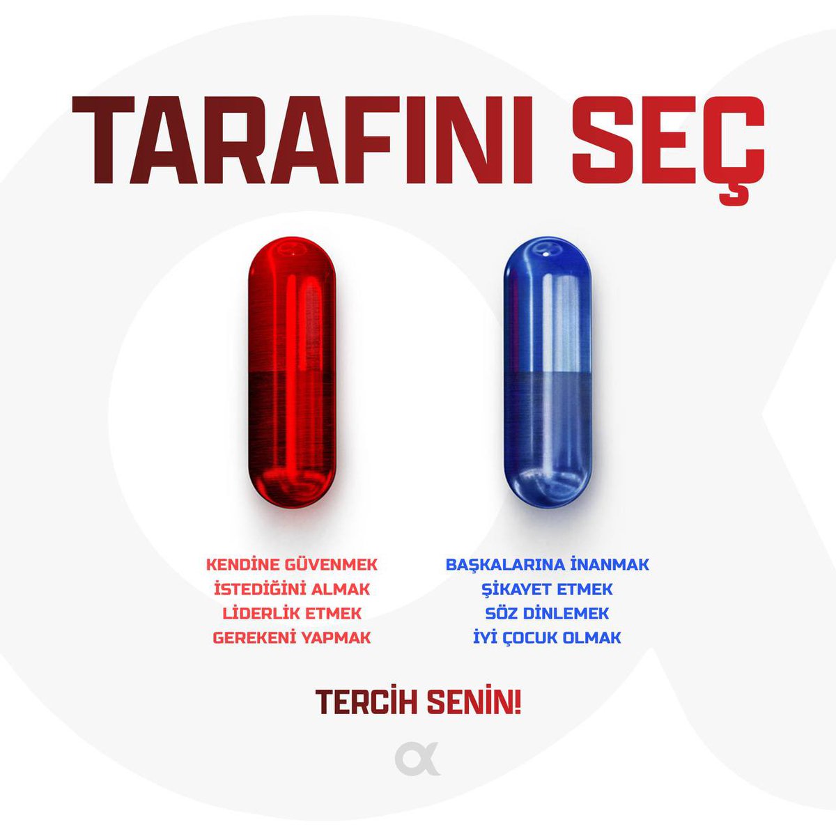 Tarafını Seç.Kendine güvenmek mi, başkalarına inanmak mı?İstediğini almak mı, şikayet etmek mi?Liderlik etmek mi, söz dinlemek mi?Gerekeni yapmak mı, iyi çocuk olmak mı?Tercih senin.