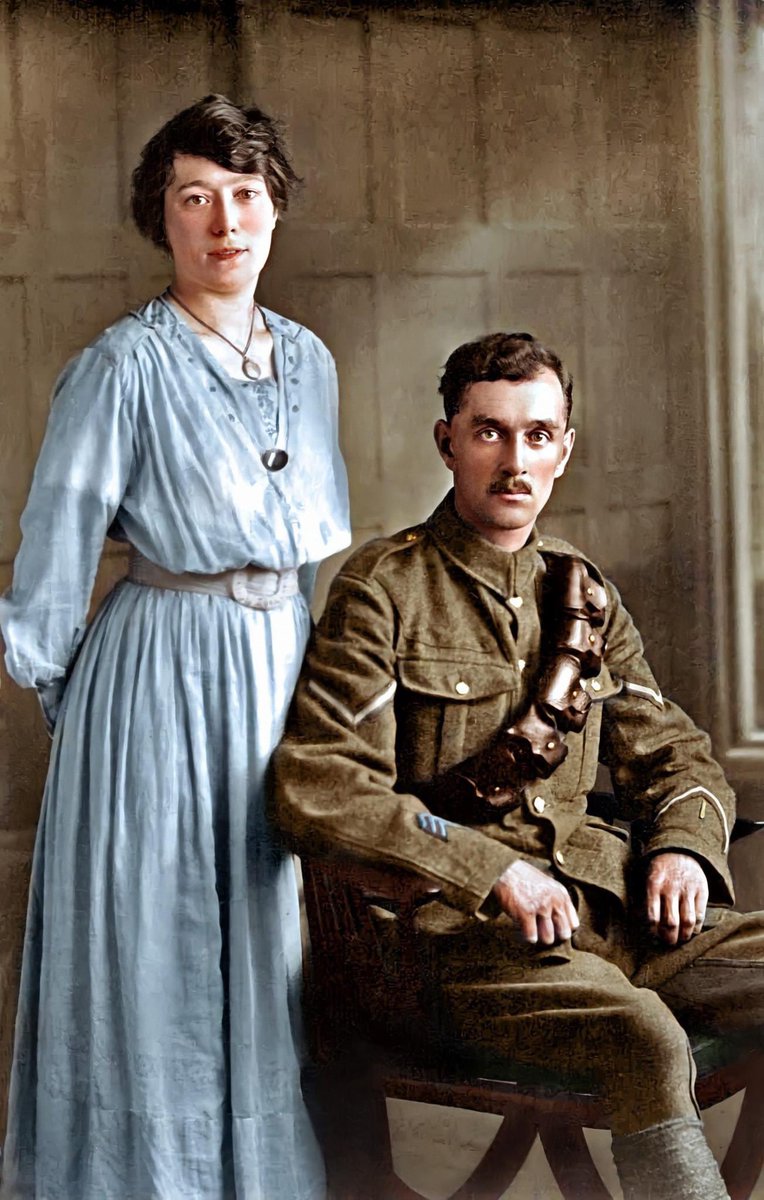 andyj_perry's tweet image. Another incredible colourisation by @colour_history 

These are my Grandparents - photo c1918/1919 I reckon.

My Grandfather in Army uniform having served in the Royal Garrison Artillery in WWI.

#colourisation #photo #familyphotos
