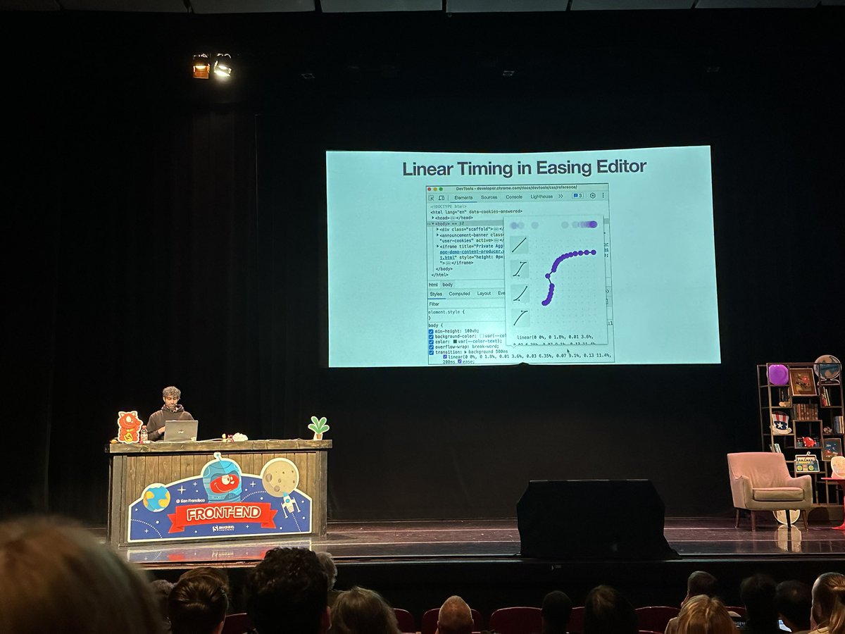 .@addyosmani showcasing the new linear timing function and new DevTools for it @smashingconf Try it out in Chrome 114+ DevTools!