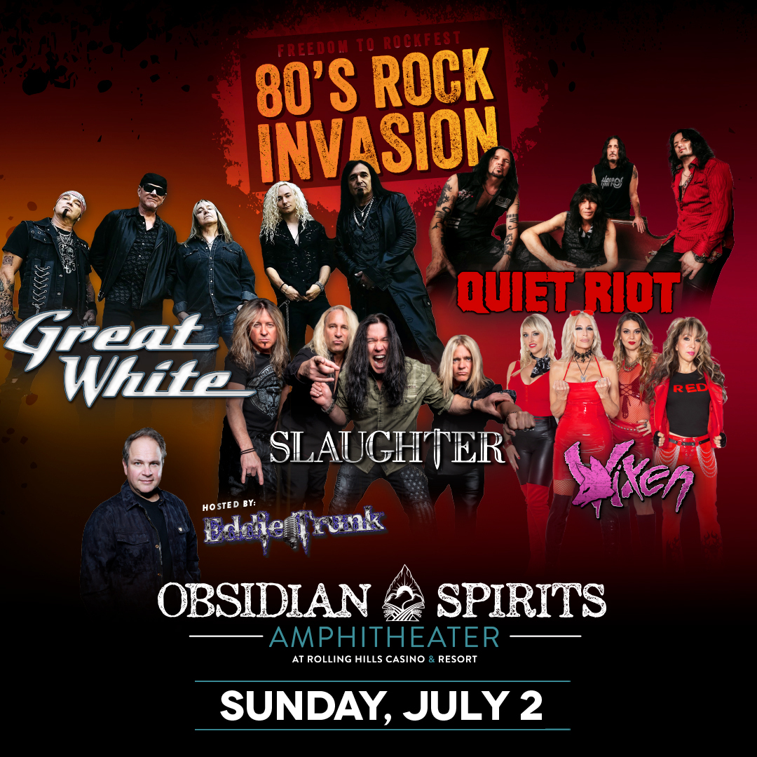 Get ready to #rock! 🤘

Join us 7/2 for #FreedomToRockfest: #80sRockInvasion ft @GreatWhiteRocks, @QUIETRIOT, #Slaughter & @OfficialVixen hosted by @EddieTrunk! 🎸

🎟️ bit.ly/41u5Sos

#rhcasino #rollinghills #casino #resort #concert #rockfest #rockinvasion #80sinvasion