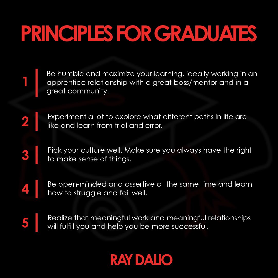 RayDalio's tweet photo. Here is some of my advice for those who are graduating and entering “the real world.” 
 
You’re about to enter the beginning of the second phase of your life which is totally different from the first. Realize that you know virtually nothing about what it’s like so you need to learn what it’s like and how to be great at it. 
 
To be young and have all that adventure ahead of you is wonderful. Make the most of it! Here are some principles that might help you. 

#graduation #principles