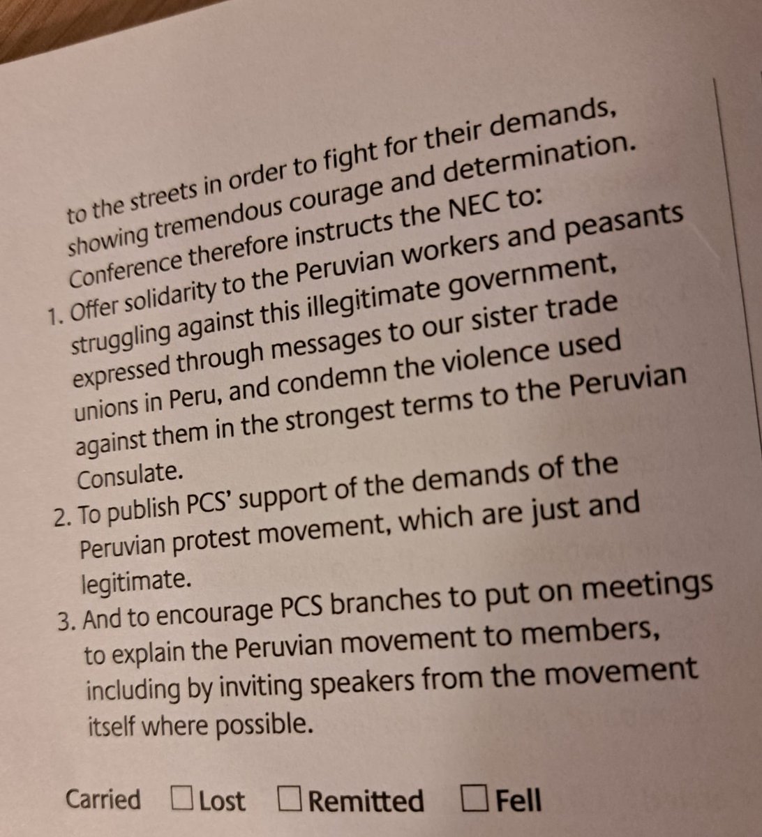 Well done <a href="/pcs_union/">PCS Union (pcs.org.uk)</a> on passing a motion in solidarity with the struggle of Peruvian workers and peasants at its Anual Delegate Conference #PCSADC23