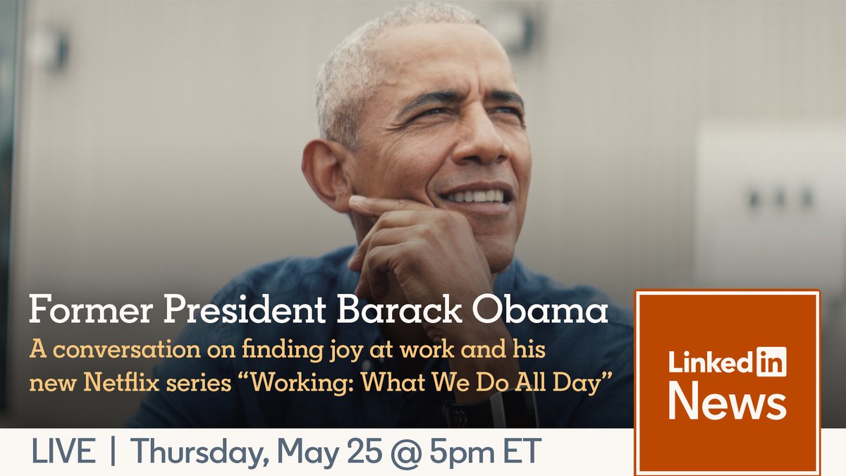 Barack Obama (@BarackObama) on Twitter photo 2023-05-25 20:07:19 Today I’ll be speaking with @IraGlass, Caroline Suh, and some of the great folks featured in the @HGMedia and Netflix documentary series, Working: What We Do All Day about finding meaning and purpose in work. Check out our conversation on LinkedIn at 5pm ET.… Today I’ll be speaking with @IraGlass, Caroline Suh, and some of the great folks featured in the @HGMedia and Netflix documentary series, Working: What We Do All Day about finding meaning and purpose in work. Check out our conversation on LinkedIn at 5pm ET.…