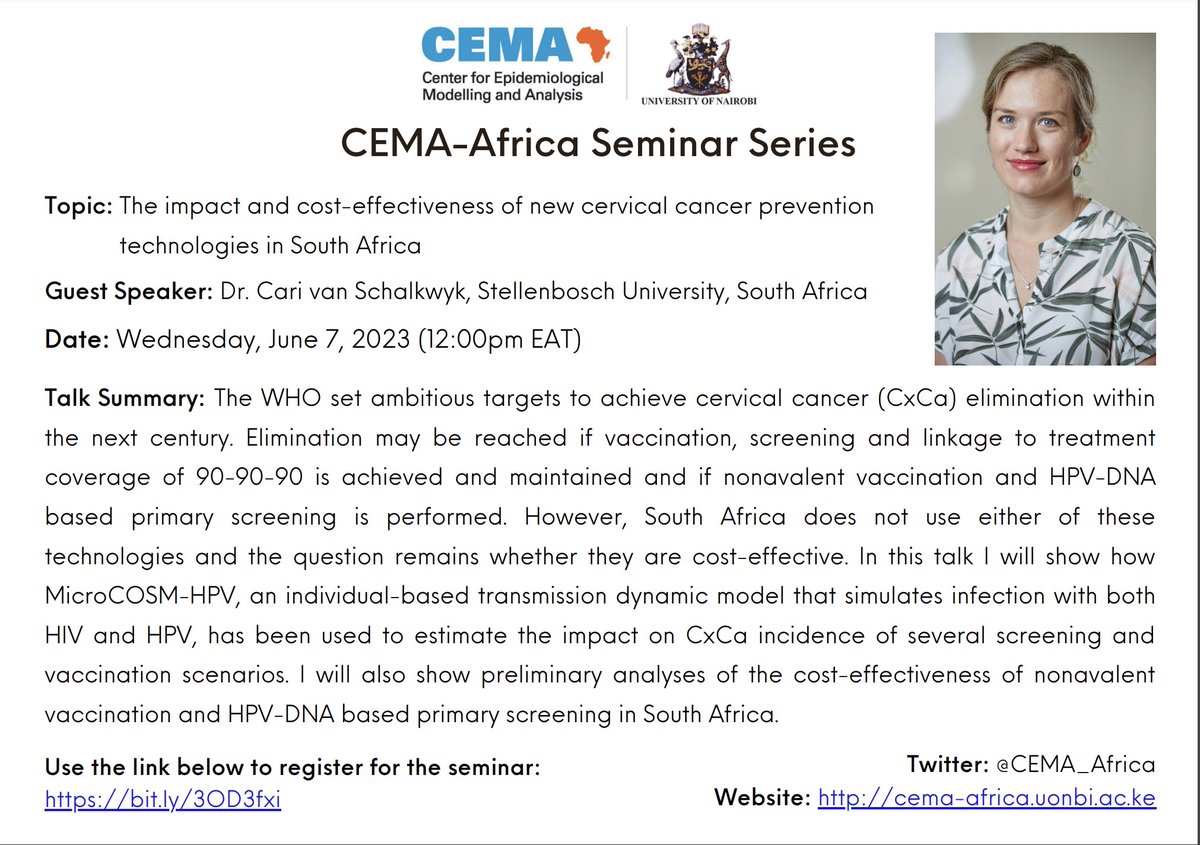 Join us. Topic: The impact and cost-effectiveness of new cervical cancer prevention technologies in South Africa. Guest Speaker: Dr. Cari van Schalkwyk, Stellenbosch University, South Africa. Date: Wednesday, June 7, 2023 (12:00pm EAT) Register: bit.ly/3OD3fxi