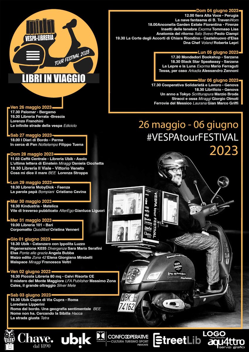 Al via domani il nuovo #VespaTourFestival - #LibriinViaggio, il festival letterario in movimento a bordo della Vespa Libreria di <a href="/Mendo_to/">Fabio Mendolicchio</a>, caro amico e fondatore di <a href="/MiraggiEdizioni/">Miraggi Edizioni</a>! Ci saremo anche noi come sponsor dell'evento, buon viaggio Fabio!
