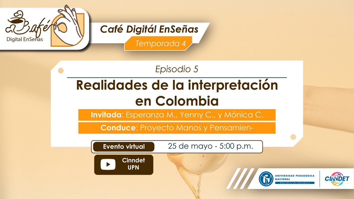 🎬En el 5° episodio de la IV temporada de #CaféDigitalEnSeñas, conoceremos las reflexiones y conclusiones del conversatorio: realidades de la interpretación en Colombia.

☕ youtube.com/live/sNxHqHXJY…

#CinndetUPN #SordosColombia #EducacionInclusiva #ComunidadUPN