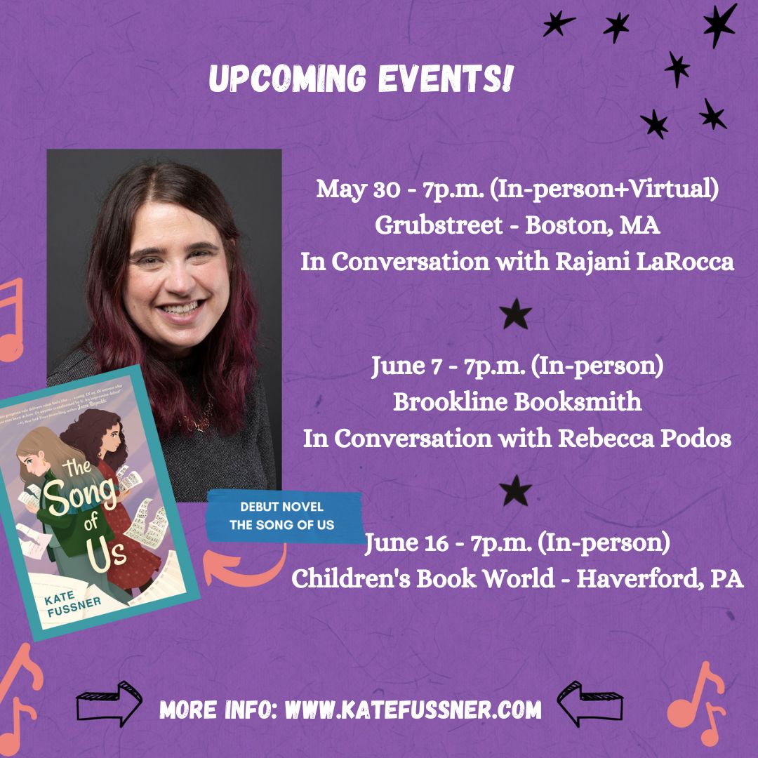 Hey, Boston and Philly, Come celebrate THE SONG OF US! @GrubWriters with @PorterSqBoston and with @rajanilarocca on 5/30 at 7pm @booksmithtweets with @RebeccaPodos on 6/7 at 7pm and @CBWHaverford on 6/16 at 7pm Hope to see many smiling faces!