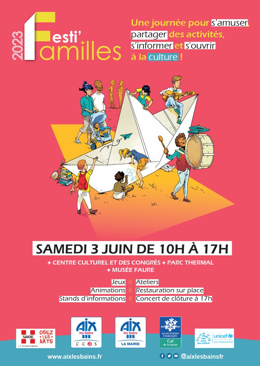 Festi'Familles le samedi 3 juin 2023 : à vos réservations, c'est gratuit ! Profitez des nombreuses animations proposées par les services de la Ville et ses partenaires. Une journée pour s’amuser, partager des activités, s’informer et s’ouvrir à la culture !aixlesbains.fr/demarches/Actu…