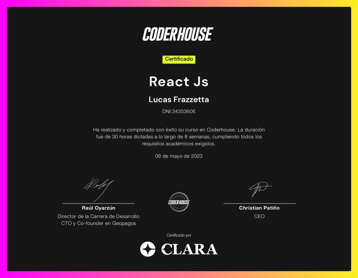 lufz88's tweet image. ¡Completé mi curso de React Js en Coderhouse! coderhouse.com/certificados/6… #coderhouse #DemocratizandoLaEducación a través de @Coderhouse