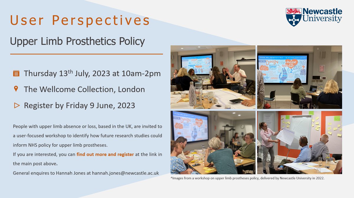 HannahToes's tweet photo. Upper limb prosthesis users/non-users: join us to explore how research could inform device/service policies at our upcoming in-person workshop:

🗓️Thursday 13th July at 10am-2pm
📍The Wellcome Collection, London

Find out more and register here: https://t.co/QRXpb2oCaC https://t.co/ZcDnpIq2hD