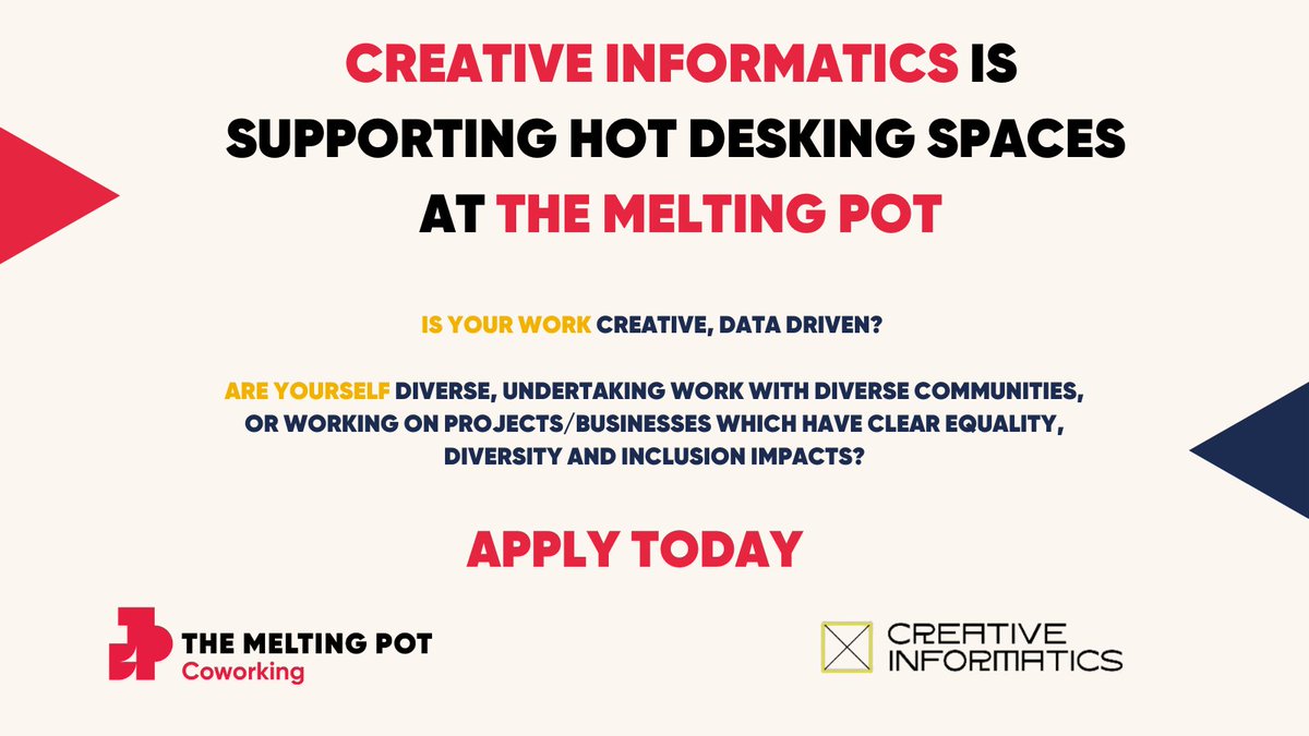 The Melting Pot (@themeltingpoted) on Twitter photo 📢 We have exciting news to share!
🖥️ Creative Informatics is supporting #hotdesking spaces at <a href="/TheMeltingPotEd/">The Melting Pot</a> on a 6 to 12-month basis.
⏳ Deadline to apply for Round 1 is Fri 2 June.
👉 Info& forms: creativeinformatics.org/ci-inclusive-c…
#coworkingspace #coworkingcommunity #flexwork 📢 We have exciting news to share!
🖥️ Creative Informatics is supporting #hotdesking spaces at <a href="/TheMeltingPotEd/">The Melting Pot</a> on a 6 to 12-month basis.
⏳ Deadline to apply for Round 1 is Fri 2 June.
👉 Info& forms: creativeinformatics.org/ci-inclusive-c…
#coworkingspace #coworkingcommunity #flexwork