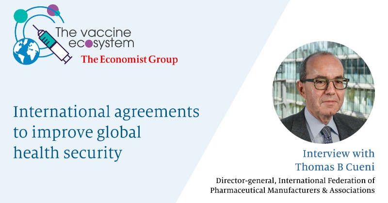 IFPMA's tweet photo. IFPMA DG @ThomasCueni spoke to @economistimpact on #C19LessonsLearned & the way forward, including the need for:
🔬#Innovation
⚖️Equitable access
🤝Multisectoral collaboration
⛓️Agile & diverse supply chains
🦠Rapid access to pathogens & their data
🎥https://t.co/GGEyP6oxug