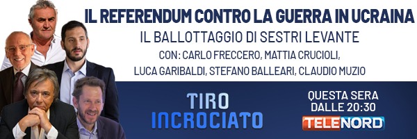 Telenord's tweet image. Questa sera dalle 20.30 nuovo appuntamento con #TiroIncrociato su #Telenord

Fra i temi il referendum contro la guerra in #Ucraina e il ballottaggio di #SestriLevante

con @SenatoMattia, #CarloFreccero, @lucagaribaldi, @stefanoballeari, @claudiomuzio