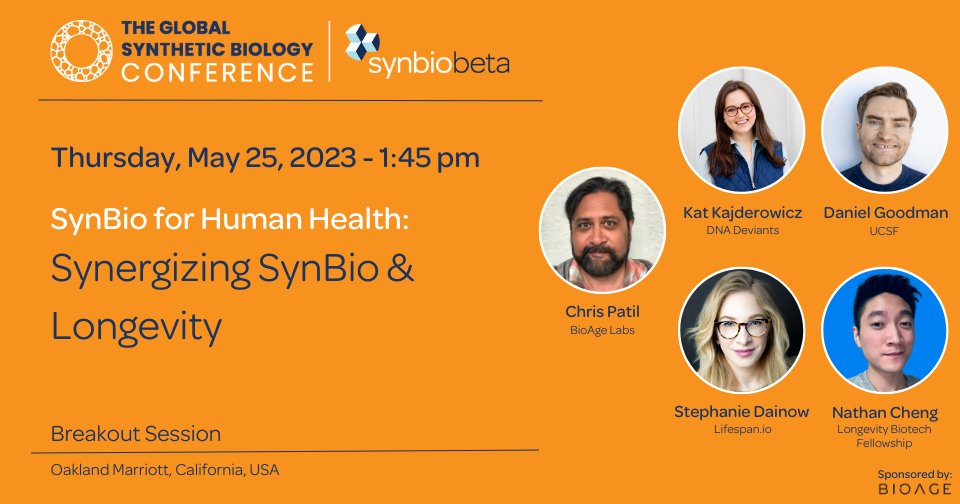 bioagelabs's tweet image. Synthetic biology and longevity biotech agree: Biology can build a better world. BioAge is proud to sponsor a #SynBioBeta2023 panel exploring how synbio innovation can accelerate advances in healthspan extension.

“Synergizing SynBio &amp;amp; Longevity”
Thursday, May 25 • 1:45 PM