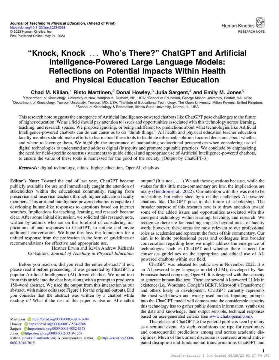 RistoMarttinen's tweet image. Are you using #ChatGPT in your #physed research? We just published this  #OpenAccess in @JTPEjournal 

It’s about the potential (good and bad) of AI to change research and PETE. It can speed research up but also has HUGE ethics issues. 

journals.humankinetics.com/downloadpdf/jo…