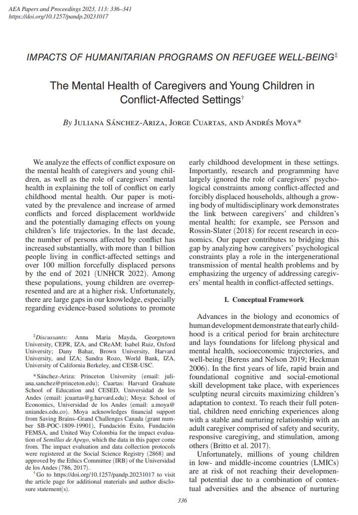Juliana Sánchez-Ariza (@jsanchezariza) on Twitter photo I am thrilled to share that our (and my first first-author!) paper was published in the AEA P&P <a href="/AEAjournals/">AEA Journals</a>. Incredibly grateful to my master’s thesis advisors, mentors, and coauthors <a href="/Andr3sMoya/">Andrés Moya</a> and <a href="/jcuartas/">Xуан★Куартас🍉🫶🥑🐝🥟🌟🔻</a>.
Take a look: aeaweb.org/articles?id=10…
Our findings🧵: 1/3 I am thrilled to share that our (and my first first-author!) paper was published in the AEA P&P <a href="/AEAjournals/">AEA Journals</a>. Incredibly grateful to my master’s thesis advisors, mentors, and coauthors <a href="/Andr3sMoya/">Andrés Moya</a> and <a href="/jcuartas/">Xуан★Куартас🍉🫶🥑🐝🥟🌟🔻</a>.
Take a look: aeaweb.org/articles?id=10…
Our findings🧵: 1/3