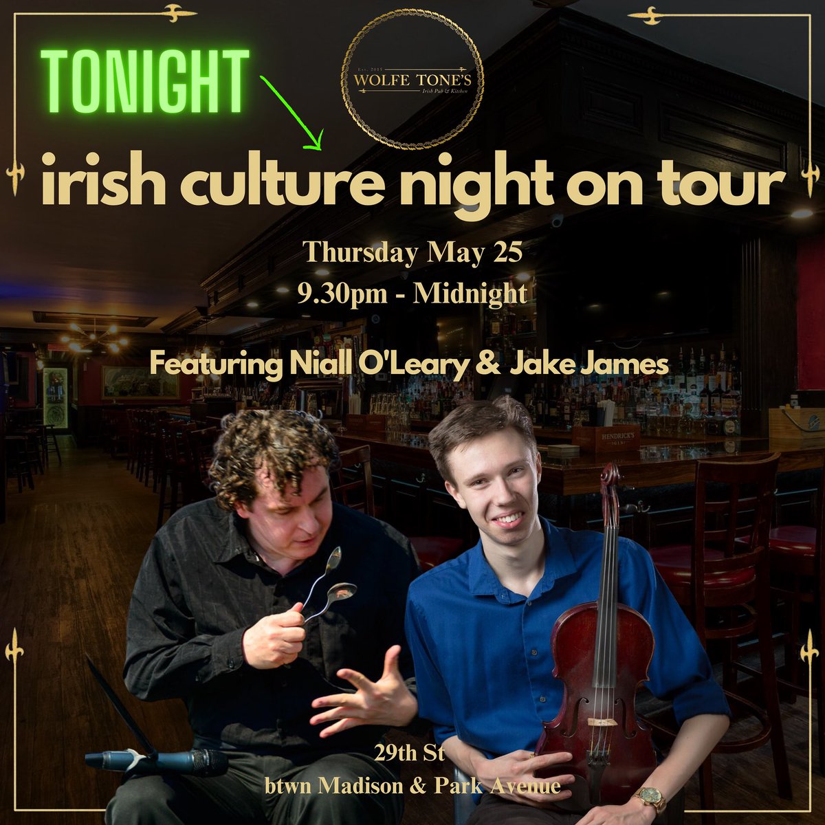 TONIGHT 🎶 
🎶☘️ IRISH CULTURE NIGHT 〰️ ON TOUR 🎵
⏰ 9.30pm - Midnight
✨ Featuring…
⭐️ Niall O'Leary @niallolearymedia (accordion, spoons, percussive dance)
⭐️ Jake James @dontbefakebejake (fiddle, bodhran, percussive dance) 
🎉 Trad Session and Dance Jam, all welcome!
