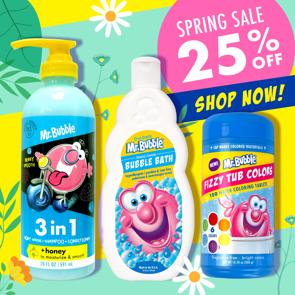 MrBubble's tweet image. It’s time to celebrate spring with a SALE! Right now all of my bubblin’ fun products are 25% off on my website! Stock up and save… But hurry, offer ends 5/30! #mrbubble #springsale