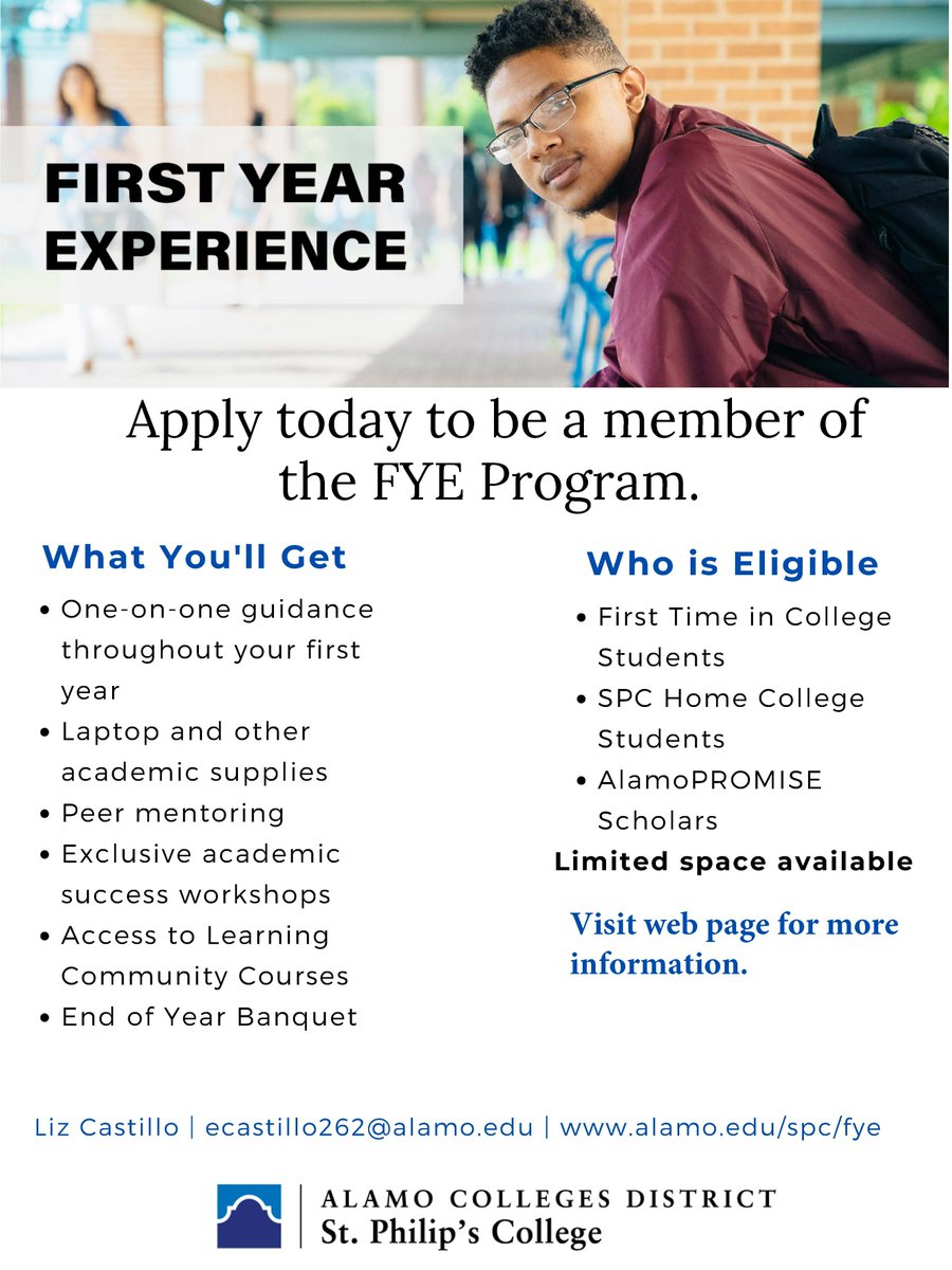 setc_alamo's tweet photo. Apply now to become a member of the First Year Experience Program @ St. Philip's College! See flyer for more details. https://t.co/T1948dbhyj