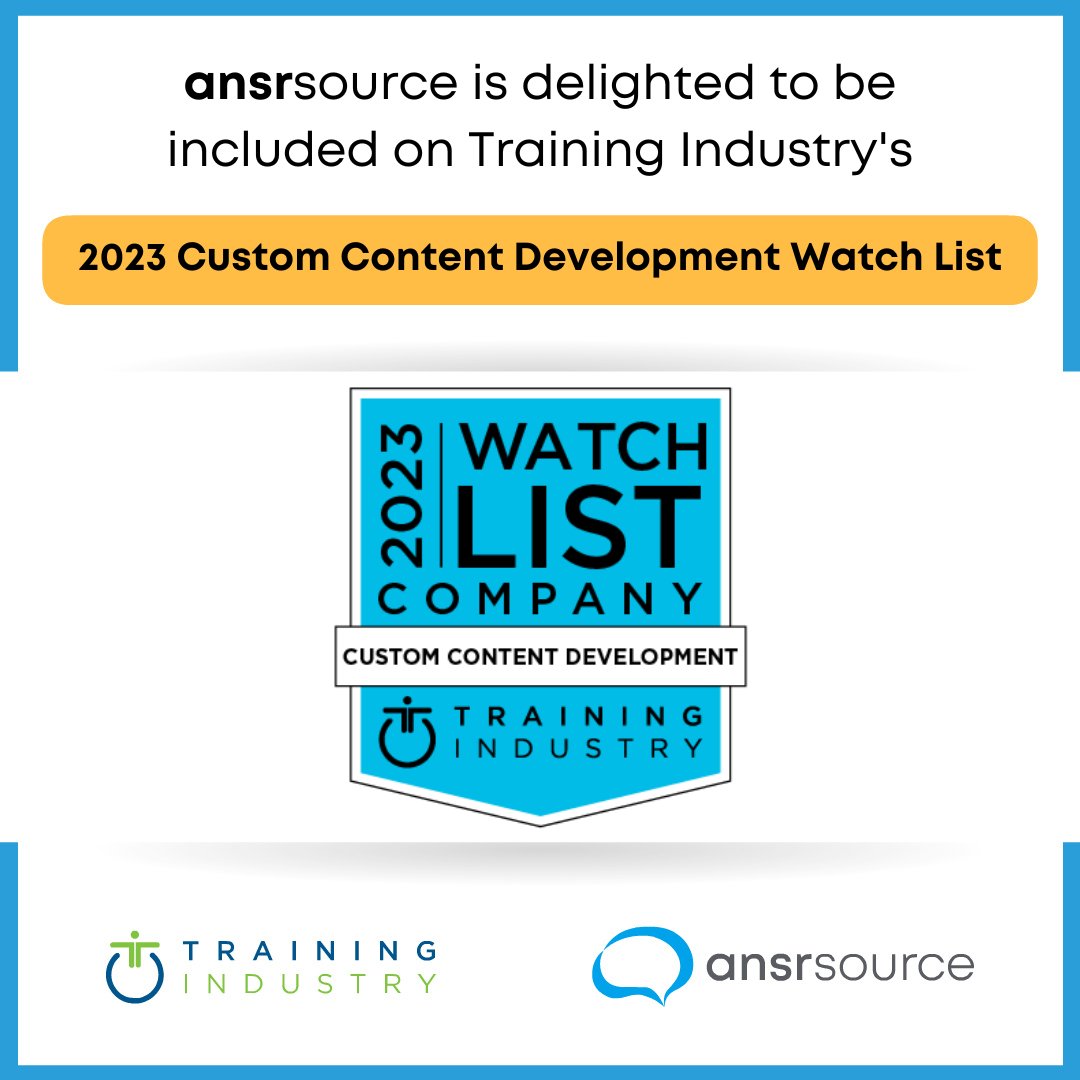 ansrsource's tweet image. 📣 Exciting News!  We are thrilled to announce that we have been featured as a TOP 20 Watch List Company for Custom Content Development by @TrainingIndustr: bit.ly/3ODS8UM  

#Award #Recognition #CustomContentDevelopment