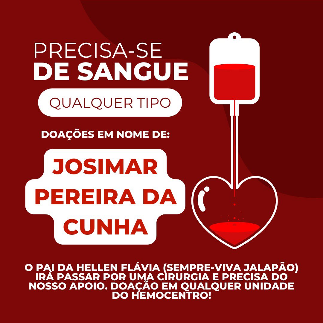 Gente, meu pai vai fazer uma cirurgia e precisamos de doadores de sangue. Quem puder doar procure o hemocentro, quem não puder de o RT da amizade por favor. Além do sangue, contamos com orações, energia positiva  e solidariedade que essa rede tem muita. ❤️