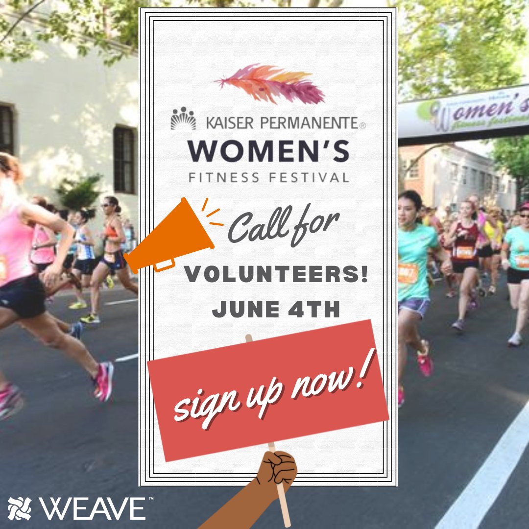 WEAVEInc (@weaveinc) on Twitter photo @weaceinc is once again supporting the Women’s Fitness Festival and working in the breakfast tent.
All volunteers will receive a shirt and a $15 coupon for @fleetfeetsac (Sacramento/Davis/Elk Grove locations).
Contact Joan at Jschubert@weaveinc.org info. @weaceinc is once again supporting the Women’s Fitness Festival and working in the breakfast tent.
All volunteers will receive a shirt and a $15 coupon for @fleetfeetsac (Sacramento/Davis/Elk Grove locations).
Contact Joan at Jschubert@weaveinc.org info.