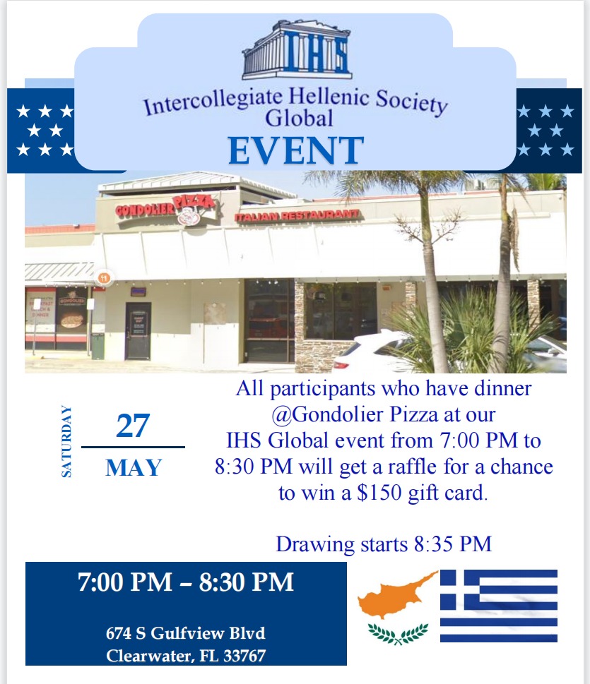 InteHellenicSoc's tweet photo. Come Join IHS Global at Gondolier Pizza - right across the street from Shepherd's Beach Resort at UGA this Saturday at 7 pm for a chance to win a $150 gift card! https://t.co/LWd6nR3lqt