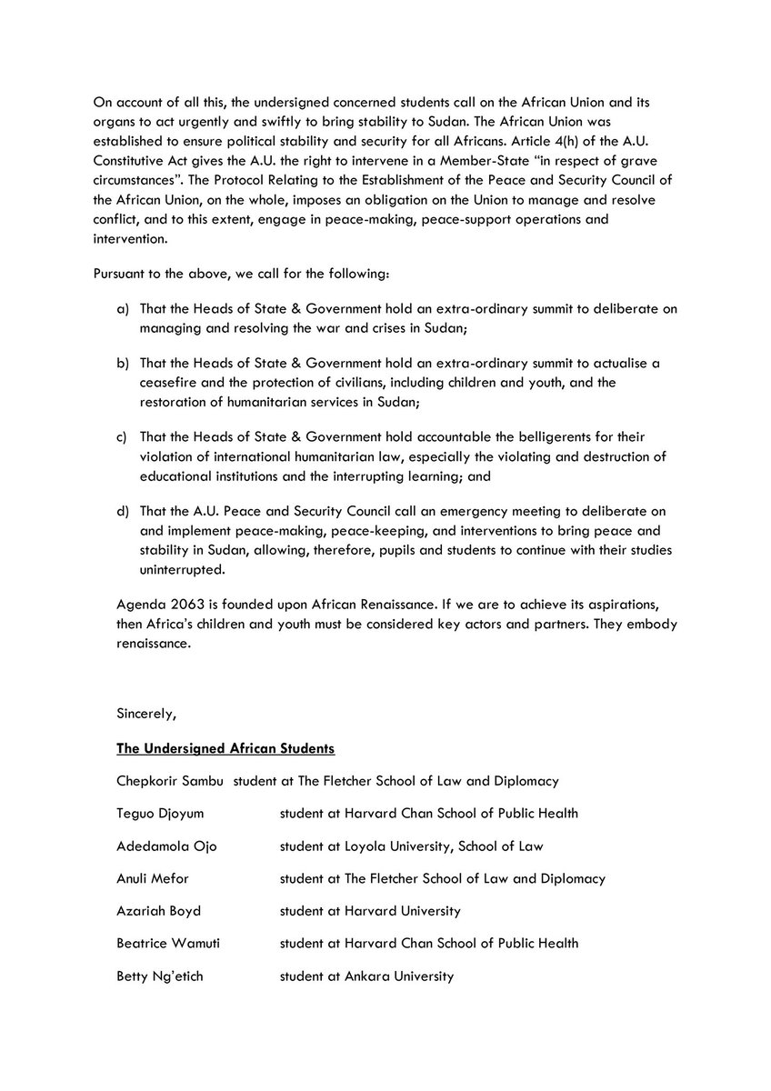 s_chepkorir's tweet photo. A group of African students has come together to express its CONCERN about the war in #Sudan and how it has rendered educational and learning institutions inoperable. Please join us in sending this letter to:
@KagutaMuseveni, AU PSC
@_AfricanUnion
@igadsecretariat
@WilliamsRuto https://t.co/XrtvSGpzHJ