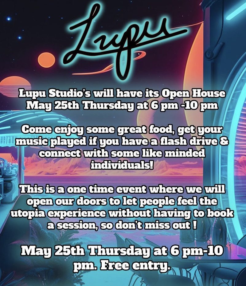 LinkUpParadise's tweet photo. ATTENTION: Our new Recording Studio will be open to the public for the very first time this Evening, 
from 6 pm - 10 pm. 

We look forward to seeing you all.

Free entry. Food &amp; drinks will be available until supplies run out. 

Follow @LupuStudios for the addy

#LUP 📲🏝️🕌 https://t.co/kKv45jDpZs