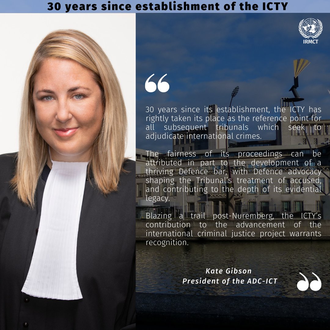 President of the the @adc_ict Kate Gibson reflects on the 30th anniversary of the establishment of the #ICTY.

#ICTYLegacy
#InternationalJustice 
#EndingImpunity 
#30YearsOfJustice