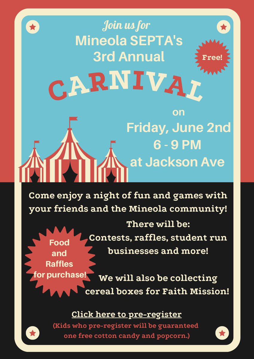 Get excited!! We are fast approaching the <a href="/mineola_septa/">MineolaSEPTA</a> Carnival taking place next Friday! There will be food, raffles, games and over 27 student created and run businesses! Come out and support our community!