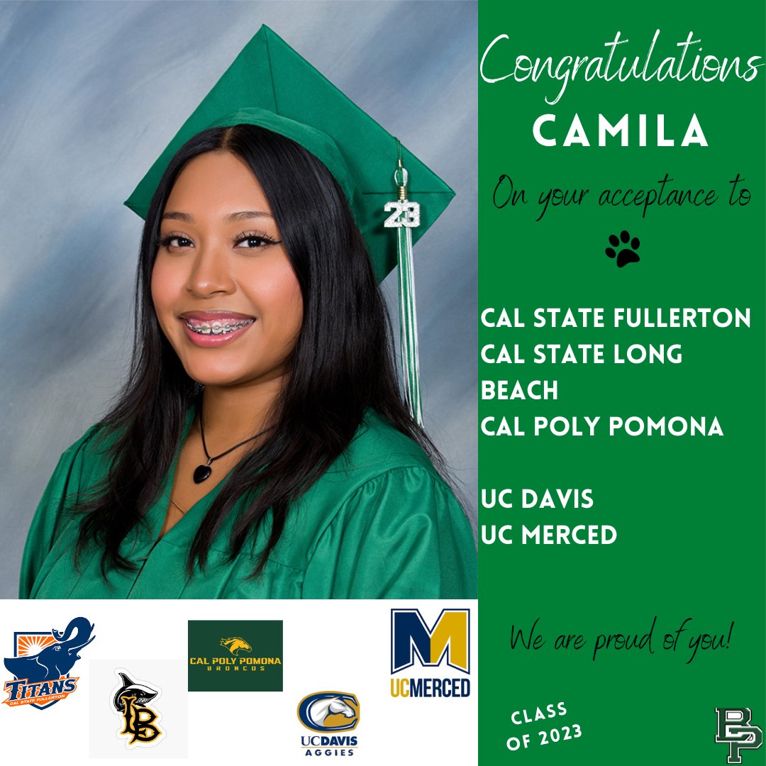 Congratulations Camila on your acceptance to
@csuf @CSULB @calpolypomona @ucdavis @ucmerced #bphs2023 #riseup #collegebound
@fjuhsd @BPHSCOYOTES @BuenaParkHS
@BuenaPark_ASB